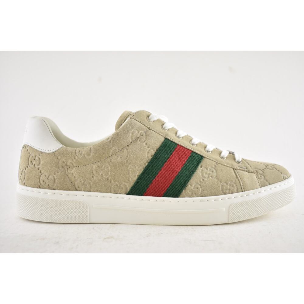 Gucci Ace Web GG Logo Oatmeal Beige Suede Flat Low Top Trainer Sneakers 41 - Picture 2 of 16
